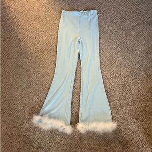 baby blue flare pants with fur detail